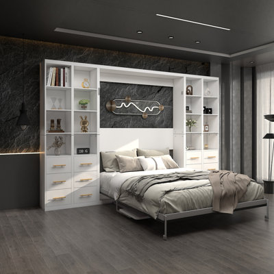 Modern Integrated Multifunctional Murphy Wall Bed with Desk Study Room Bookshelf -Invisible Folding Design,Space Saving Wall Bed