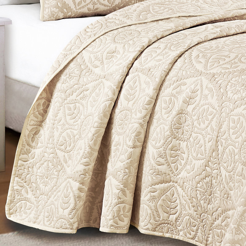 Ensemble de couvre-lit réversible en coton Taite, Couvre-lit grand et 2 taies décoratives, Floral beige