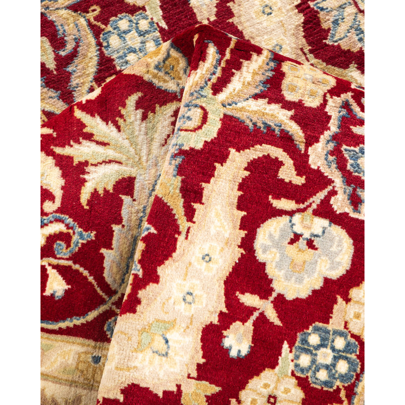 Tapis unique en laine rouge / beige / bleu 4 pi 2 po x 6 pi 4 po Mogul