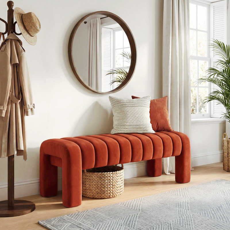 Banc rembourré sans dossier Oyan, H 17 po x l 43,3 po x P 17,3 po, Velours rouille