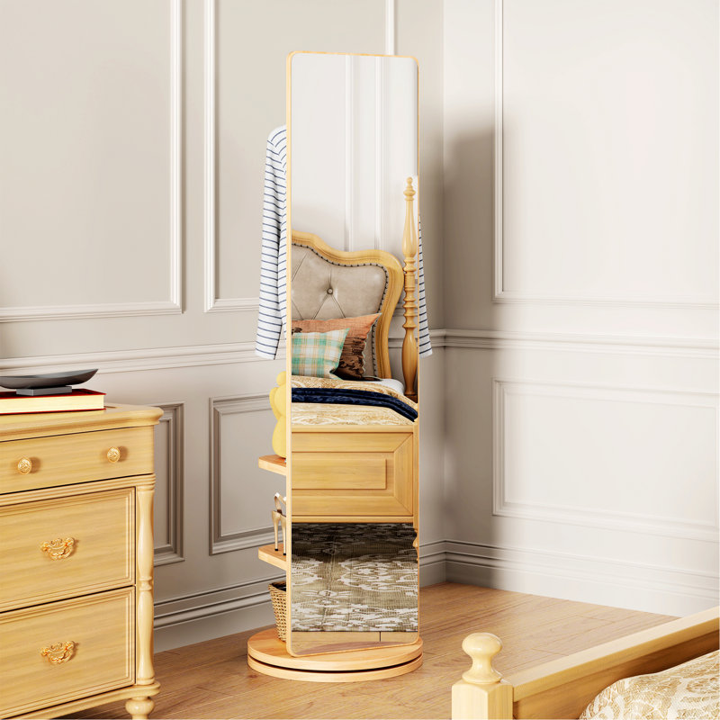 360° Rotating Full Length Mirror With Storage Shelf, Floor Mirror For Bedroom, Living Room