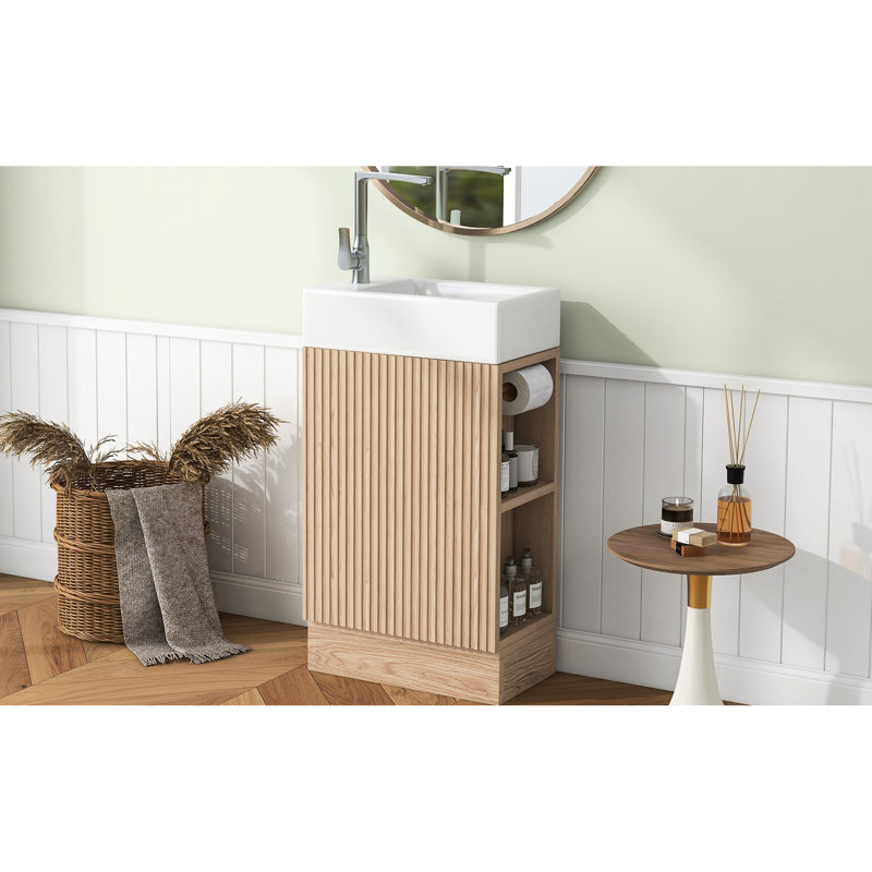 Meuble-lavabo de 18,6 po avec lavabo, armoire, porte-papier hygiénique, tablette, finition naturelle, orientation gauche ou droite et emplacement du lavabo en matériaux céramiques
