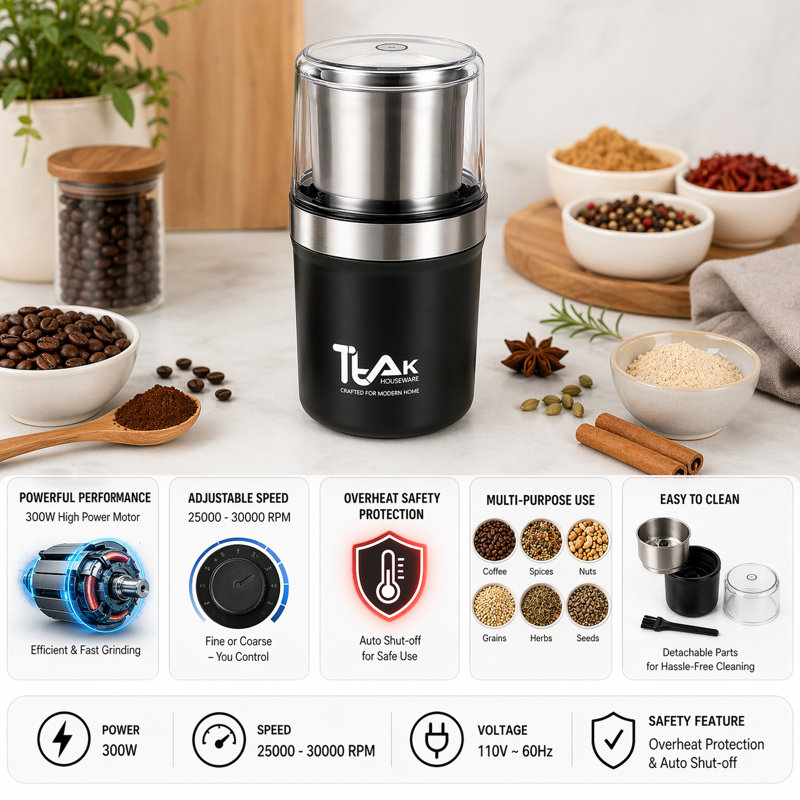 Ttak Houseware Electric Coffee Grinder W/Ditachable Cup 200w Powerful Copper Motor Stainless Steel Blades Removable Bowl Multiple Use Coffee Bean, Herb Grinder, Spice Grinder