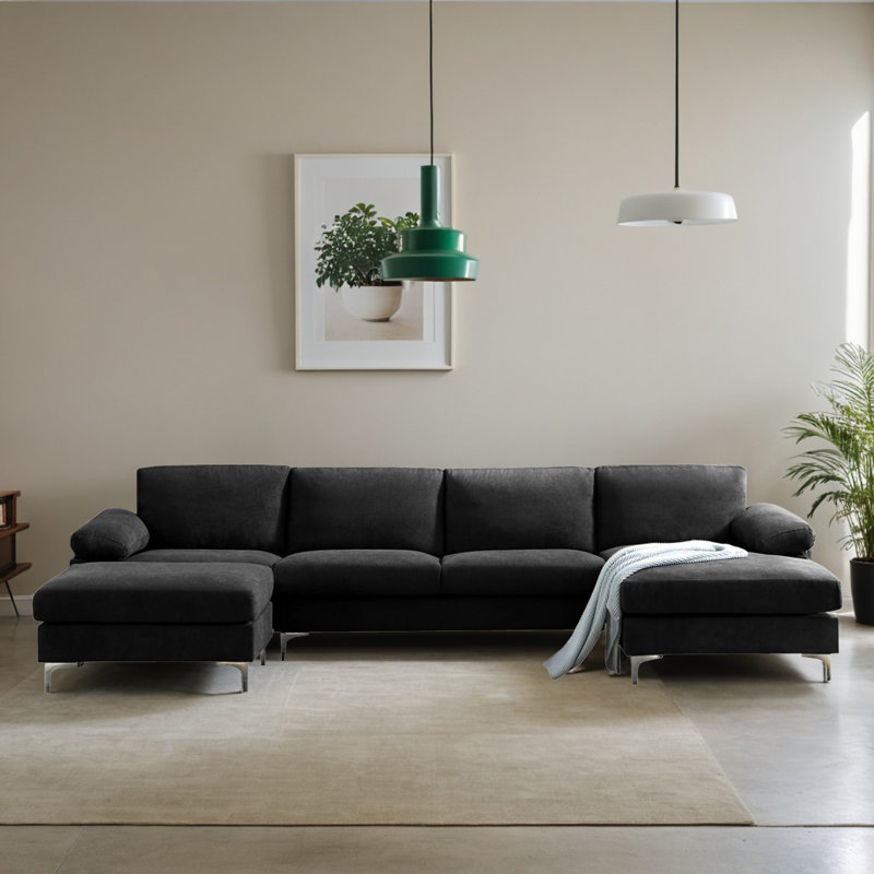 Canapé modulaire rembourré en U de 130 po pour le salon, Mélange de polyester noir