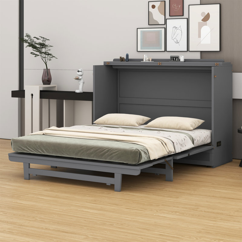 Lit escamotable Murphy avec tiroir et armoire murale en bois massif avec ports USB et prises USB, Grand lit, Gris