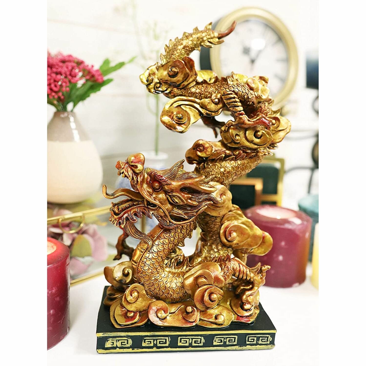 Wooden Dragon Statue New Year Figurine Chinese Fengshui