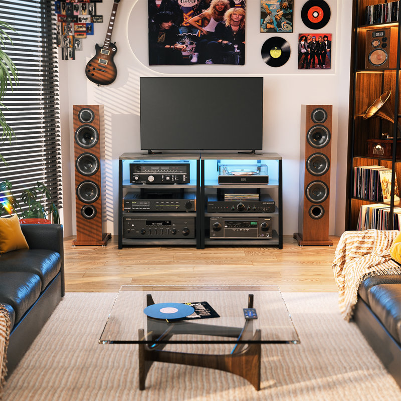 4-Tier AV Media Stand With Outlets, Media Console With LED Lights, Silver