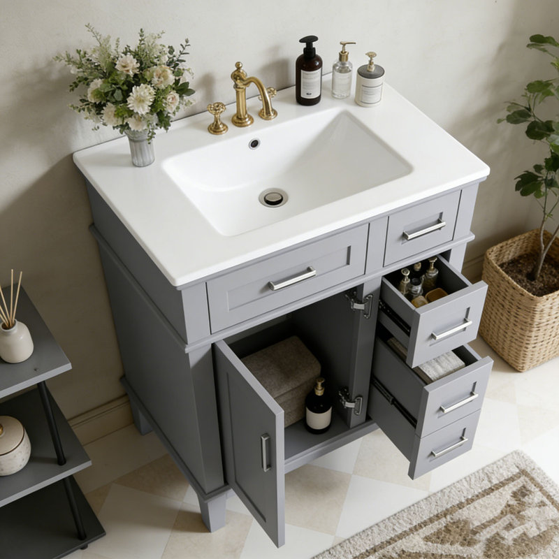 Meuble-lavabo moderne avec lavabo en céramique, 30 po + gris