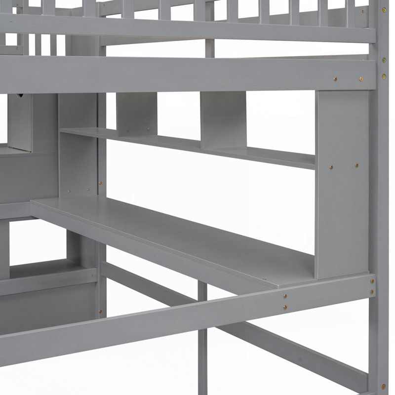 Lit mezzanine double avec bureau, gris