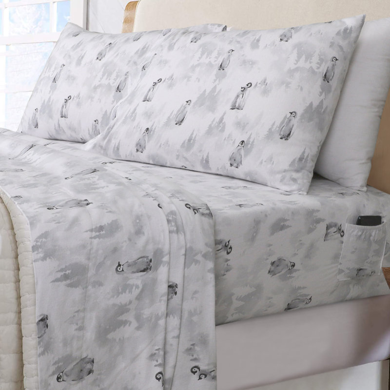 100% Cotton Flannel Sheet Set, Twin Sheet Set + Fitted Sheet + 1 Pillowcase, Penguin