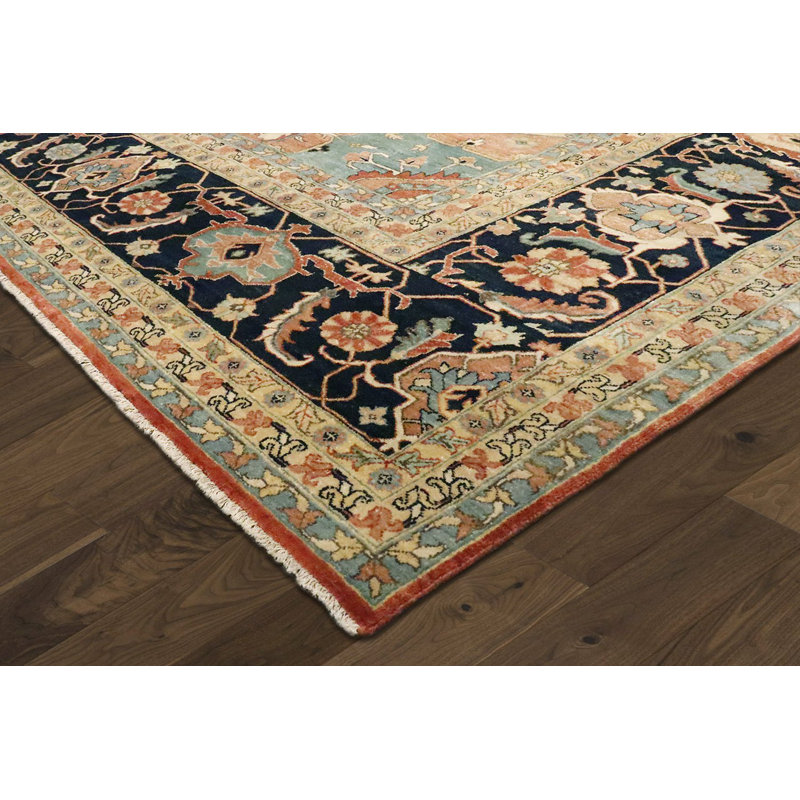 Tapis oriental en laine noué à la main bleu / orange / noir Serapi, Rectangle 12 pi x 15 pi