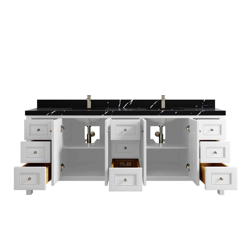 84 po Nashville X P 22 po De salle de bain double en albâtre, Blanc, Noir Calacatta