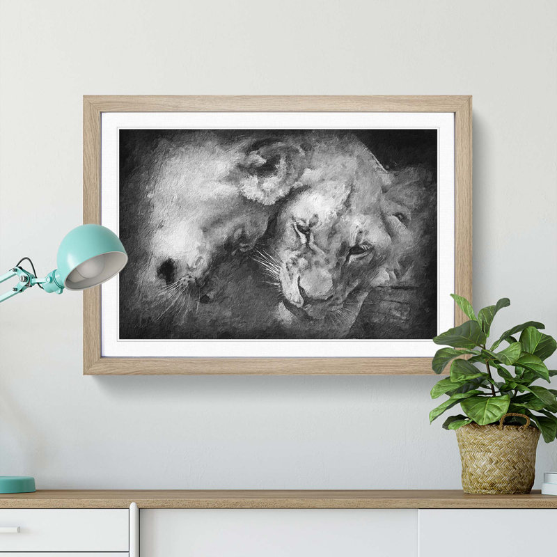 Two Snuggling Lions - Picture Frame Painting Print, Oak Framed, 36cm H x 48cm W x 2cm D