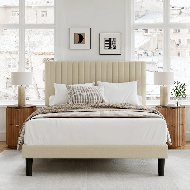 Lit plateforme double tapissier double avec tête de lit réglable et lattes en bois, Beige, Lit double
