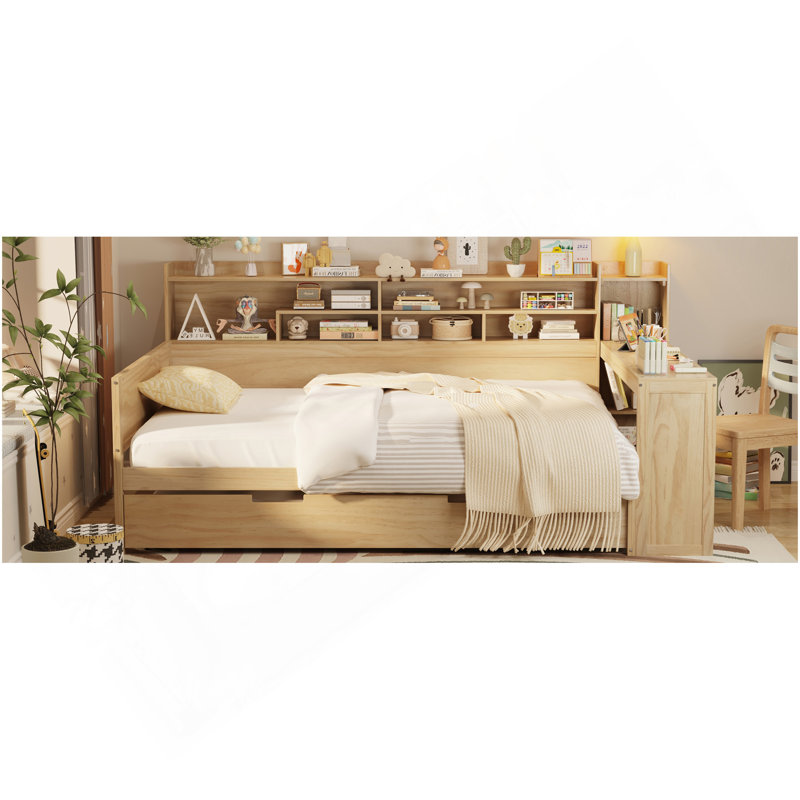 Lit de jour double en bois avec tablettes de rangement, lit multifonctionnel avec lit gigogne et bureau d'étude, naturel