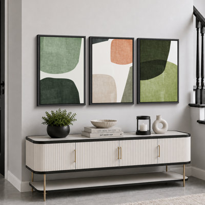 Mid Century Shape Green Tripyth Multicolor Ovals Abstract Mid Century Modern Framed Canvas 3 Pieces Print Wall Decor