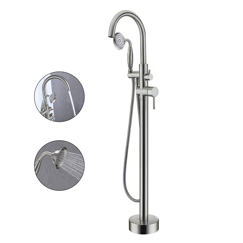 Freestanding Floor-mount Tub Filler With Hand Shower, Round Design, 2-handle, Brushed Nickel