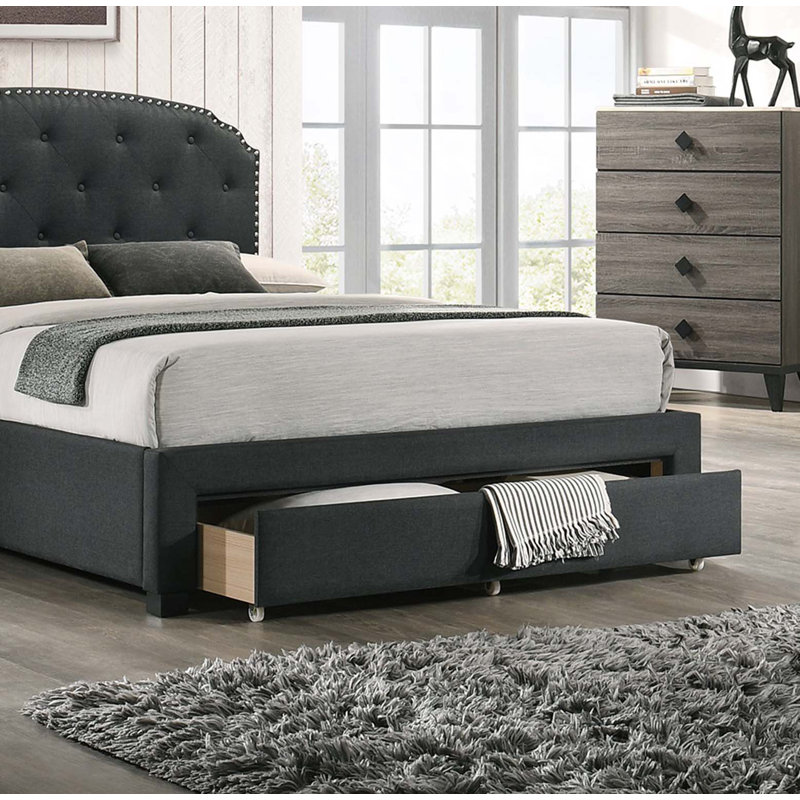 Lit de lit simple en tissu de jute gris anthracite avec rangement de tête de lit capitonné, Gris anthracite