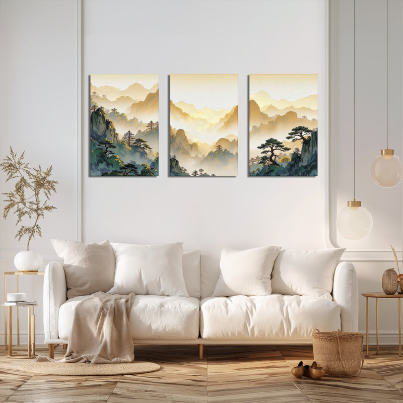 Tableau traditionnel chinois de paysage sur toile tendue (ensemble de 3), H 30 po x l 60 po