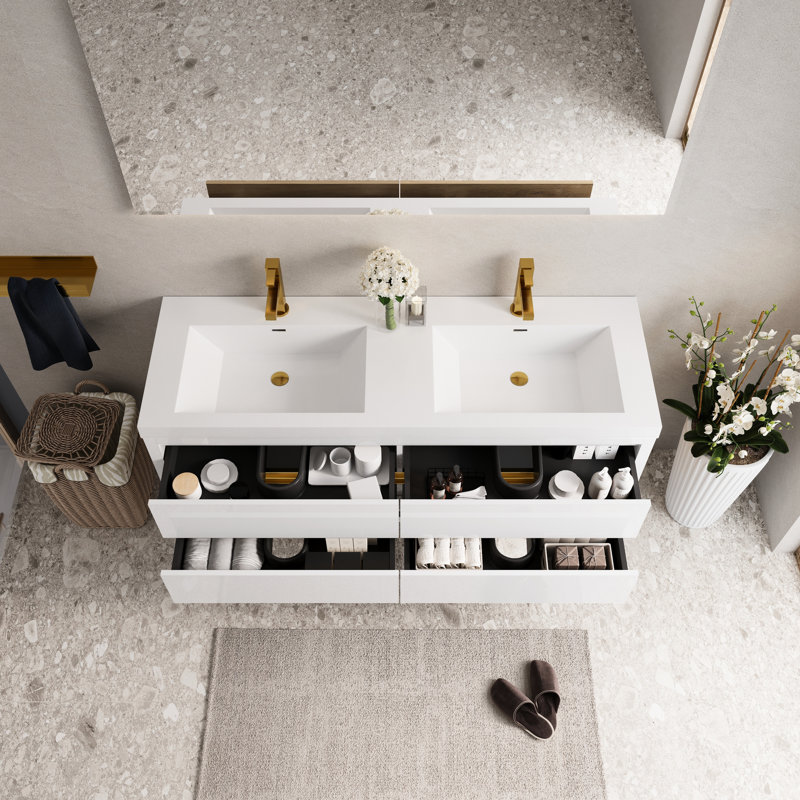 Meuble-lavabo flottant mural de 60 po, lavabo en résine en pierre blanc brillant, tiroirs à fermeture en douceur, pré-assemblé, rangement spacieux, meuble-lavabo en bois avec comptoir, entièrement blanc, bois d'eau, tracas