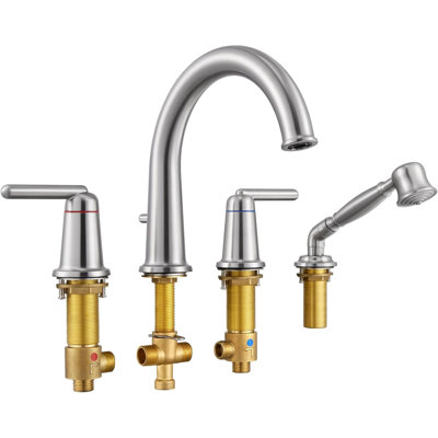 Ensemble de robinet de baignoire romaine avec robinet et inverseur Robinet de baignoire en laiton rétro pour baignoire à large entraxe à 4 trous et 2 poignées avec robinet à col de cygne et robinet en nickel brossé