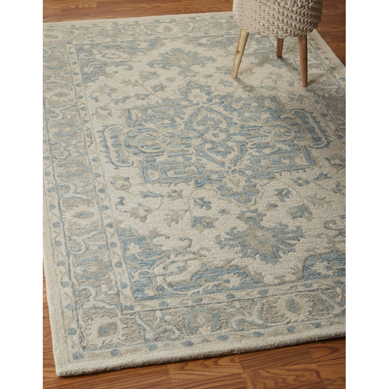 Adelbert Vintage Medallion Handmade Natural Wool Area Rug, Turquoise/Beige, Rectangle 9' x 12'