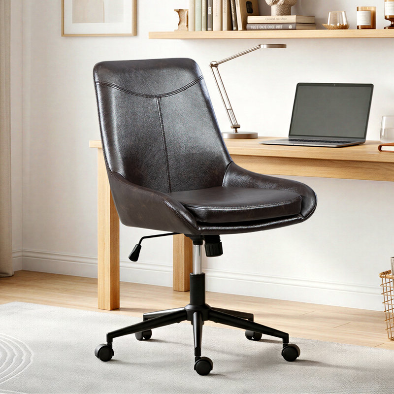 Faux Leather Armless Swivel Task Chair with Tilting Rock and Adjustable Seat Height, Black Brown,  Black Brown Faux Leather