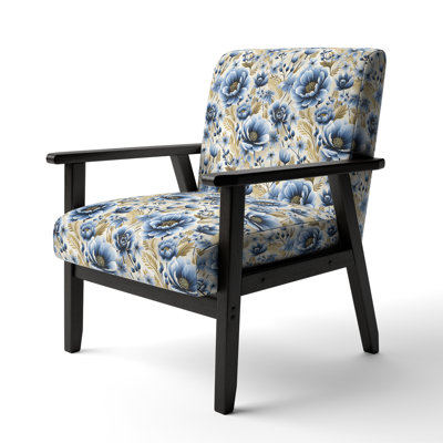 Vintage Blue And Beige Floral Pattern - Upholstered Farmhouse Arm Chair, Blue Accent Chair