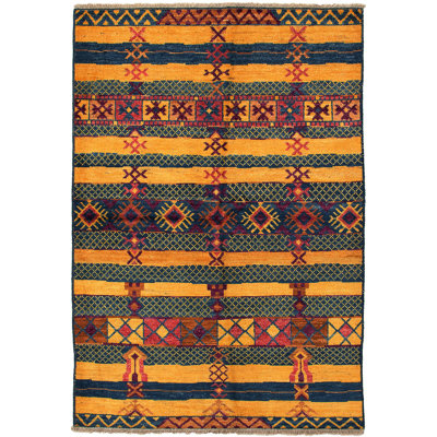 Tapis unique bleu foncé / orange / jaune en laine noué à la main de style années 2010 de 5 pi 5 po x 7 pi 10 po Arcie