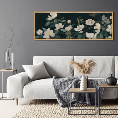 Dark Teal Magnolia Blossom Branch Arrangement – Large Framed Canvas Master Bedroom Wall Art Print