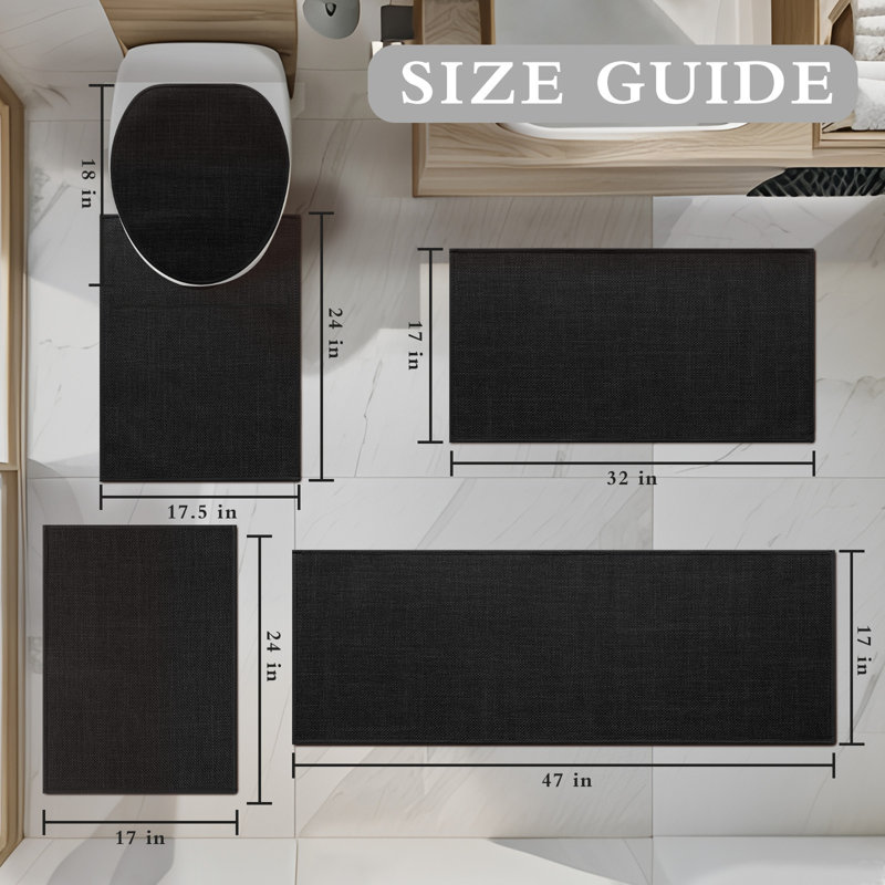 5 Piece Linen-Look Bath Rug Set with Non-Slip Backing, Black