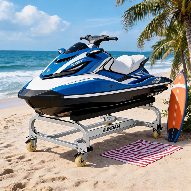 Chariot robuste en motomarine avec couchettes réglables - Structure en acier renforcé, roulettes verrouillables et assemblage facile - Jet-ski et chariot d'embarcation pour le garage, le quai et le rangement maritime