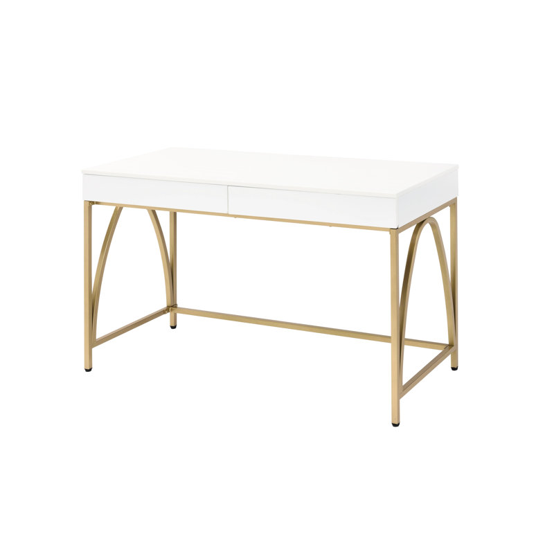 Bureau rectangulaire moderne blanc brillant avec pattes dorées, 2 tiroirs et compartiments de rangement pour bureau