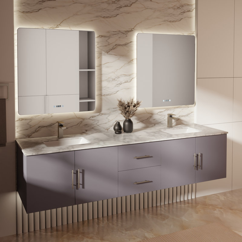 Ensemble de meuble-lavabo double mural 80 "avec miroir Geneva, Gris foncé, Marbre de Carrare blanc