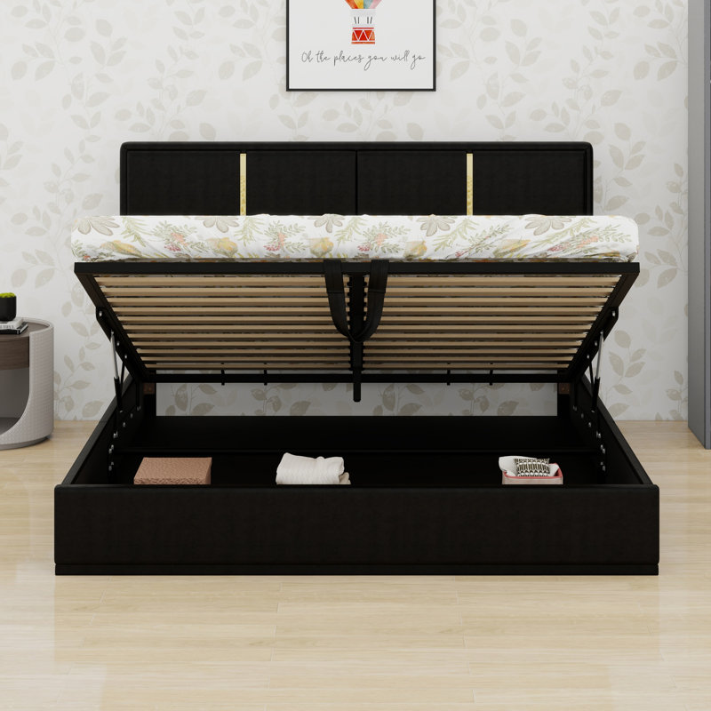 Upholstered Platform Bed With Hydraulic Storage System, Black