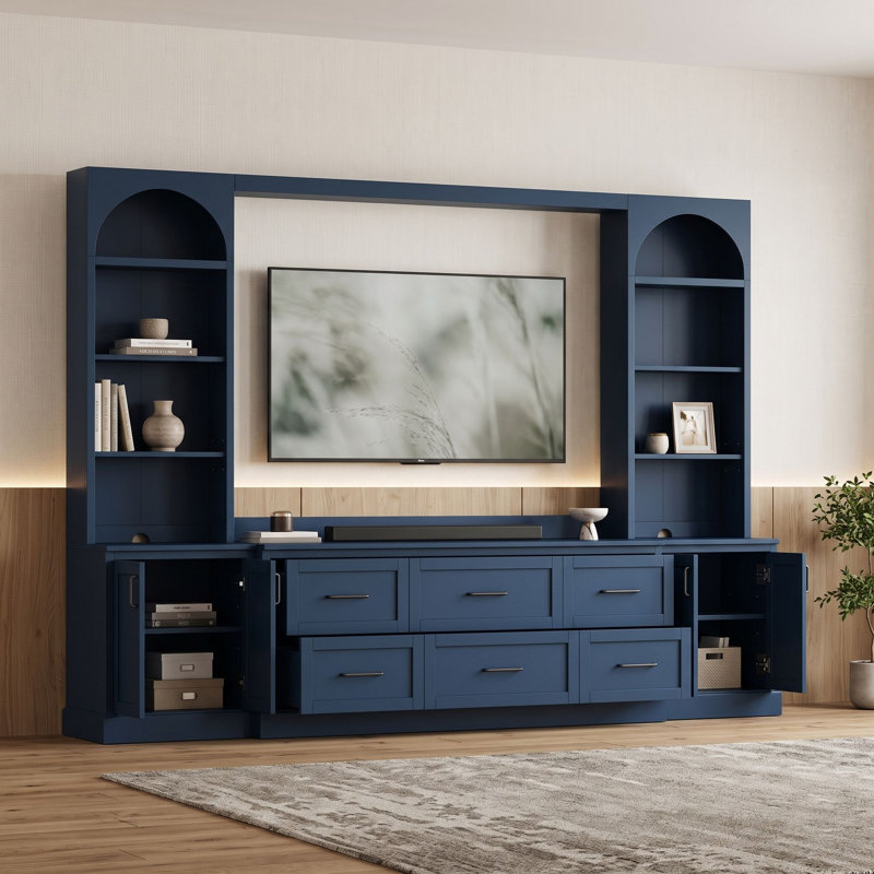 Meuble audio-vidéo moderne avec 6 tiroirs, 2 armoires, tablettes réglables et système de gestion des câbles, Bleu