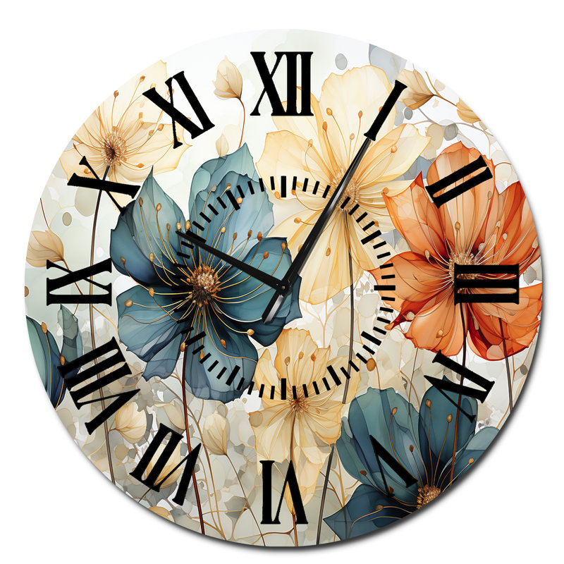 Horloge murale sarcelle avec pétales orange sarcelle I, Surdimensionné