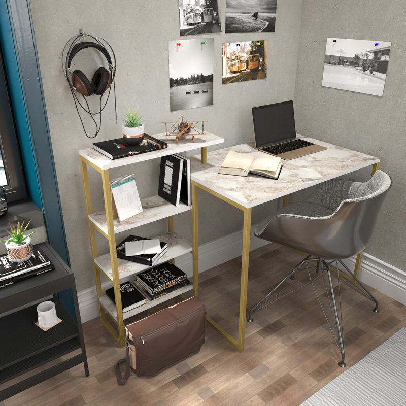 Bureau d'étude Elegant Modern, finition dorée, 52,4 po x 23,6 po x 30,2 po | 100% panneau de particules enduit de mélamine, 0,7 pouce d'épaisseur, structure 100% métal | Parfait pour le bureau personnel, le décor glamour et la fantaisie