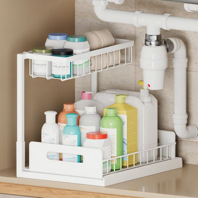 1-Pack 2-Tier Under-Sink Organizer, White Slide-Out Pull-Out Cabinet Storage For Kitchen, Bathroom, And Laundry