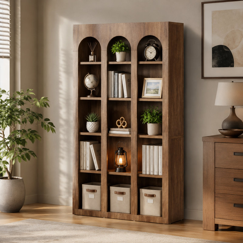 Bibliothèque à 5 niveaux de style rétro en arche de style rétro avec fabrication en panneau de fibres à densité moyenne épaissie et panneau arrière fermé; Comprend une quincaillerie anti-basculement et offre des options de rangement et d'affichage polyvalentes.