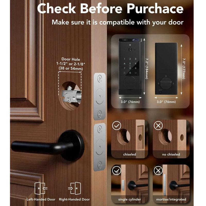 Serrure de porte intelligente G1 avec caméra et sonnette vidéo, pêne dormant d'entrée sans clé 6-en-1 avec empreinte digitale, Wi-Fi intégré, télécommande de l'application TUYA, audio bidirectionnel et vision nocturne