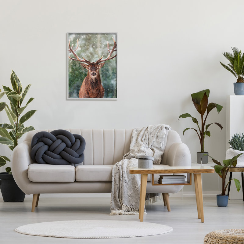 Az-347-Framed " Woodland Forest Deer " by Marcus Prime, Farmhouse Grey Framed Giclee, 30" H x 24" W x 1.5" D