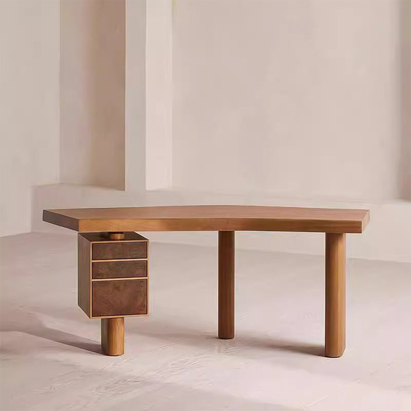 Nordic Log Color Solid Wood Desk, Home Study Writing Desk, Designer High-End Office Desk with 3 Drawer Storage Cabinet