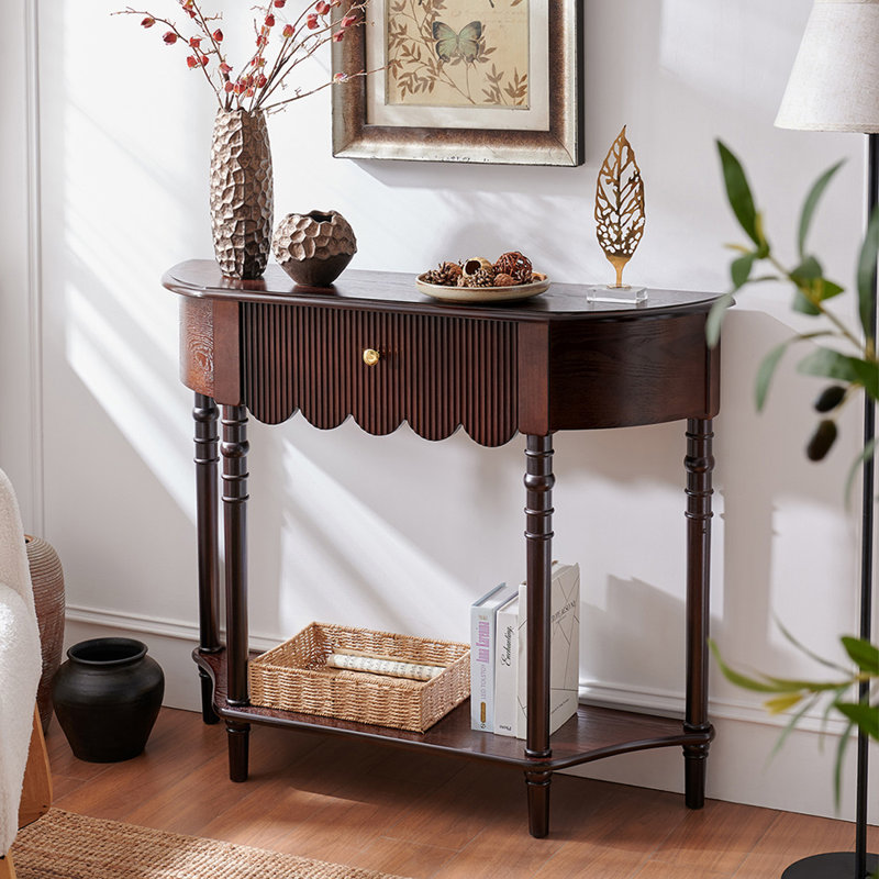 Console demi-cercle en bois massif brun, 34.65" H x 35.43" W x 11.81" D
