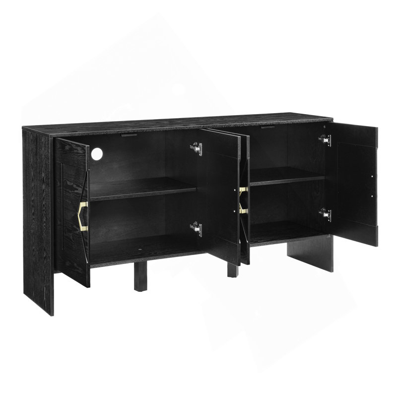 60" Mid Century Modern Sideboard Buffet Cabinet With Storage, TV Media Console, Storage Cabinet With Geometric Pattern & Adjustable Shelves For Kitchen Dining Living Room Entryway Hallway, Black