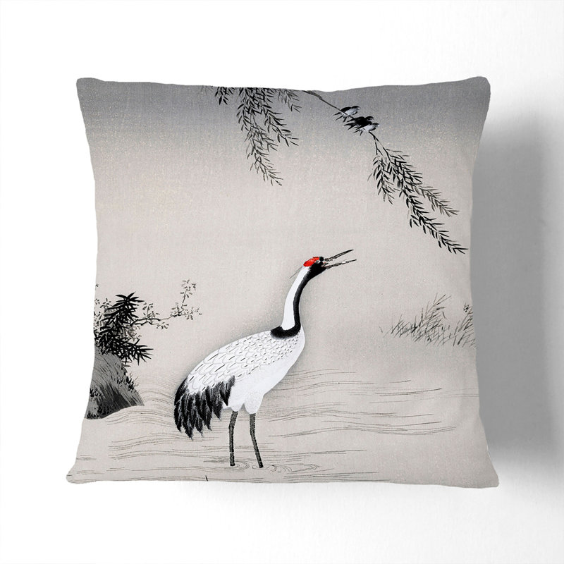 Japanese Crane by Kano Motonobu Cushion with Filling, Stone, 55cm H x 55cm W x 20cm D