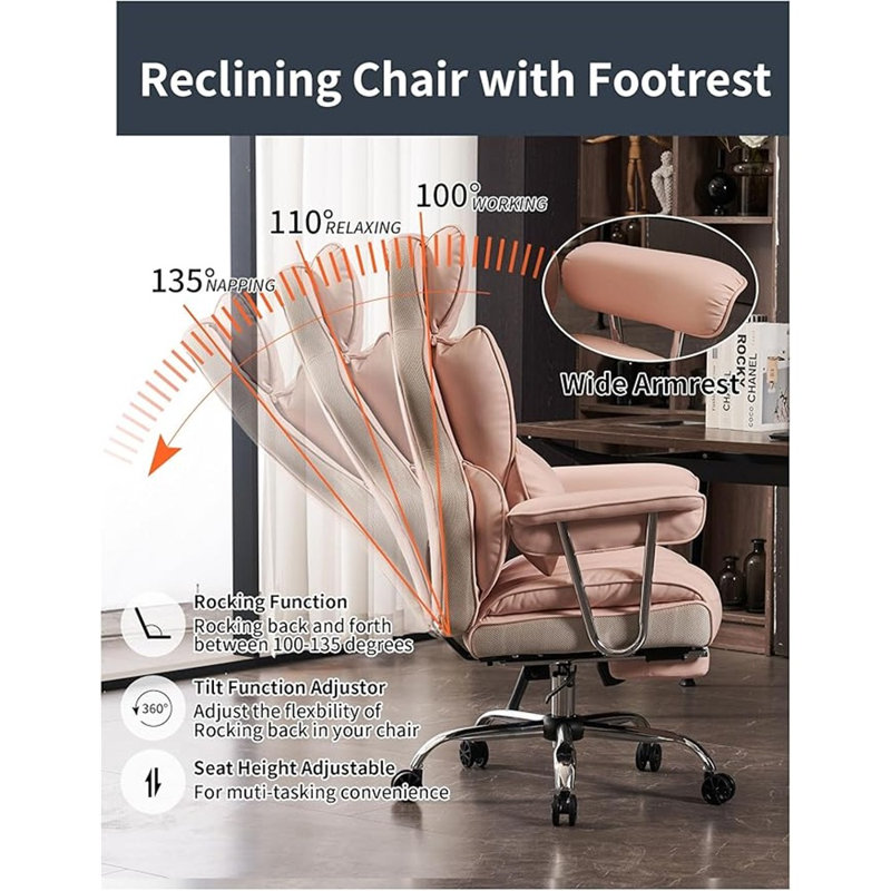 Chaise de bureau Efomao 400LBS, chaise de bureau grande et haute, chaise d'ordinateur en cuir PU, chaise de bureau de direction avec repose-pieds, chaise de bureau à domicile, chaise de bureau rose