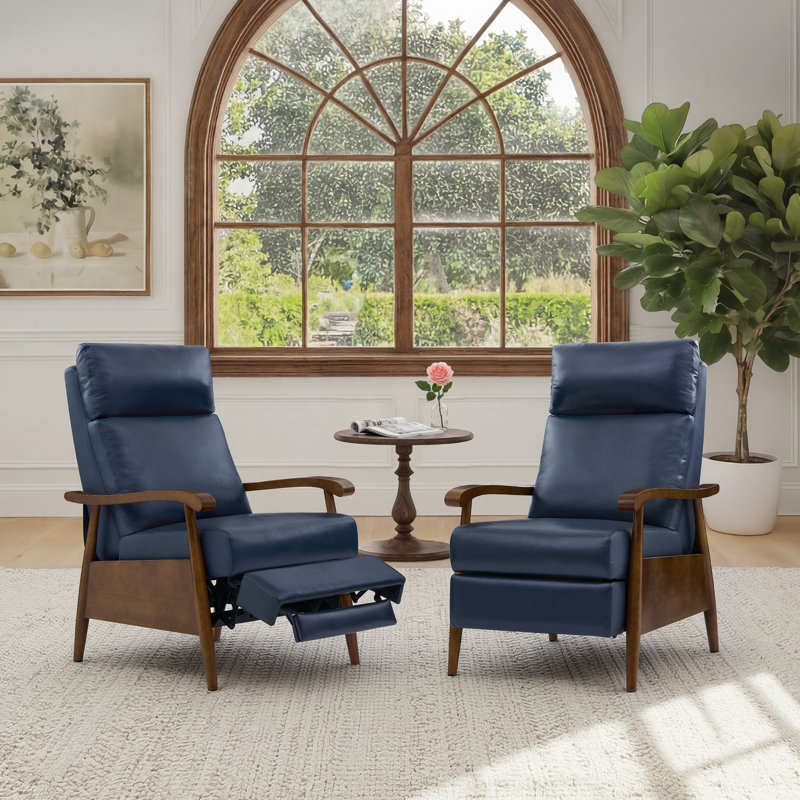 27.2”Wide Recliner Top Genuine Leather with Push-Back Function Solid Wood Frame and Arms For Living room Entertainment room Study(Set of 2)