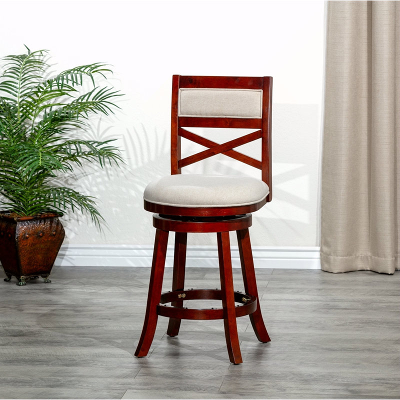 Tabouret pivotant à dossier en X de 24 po de hauteur comptoir, siège en tissu, Beige, Brun