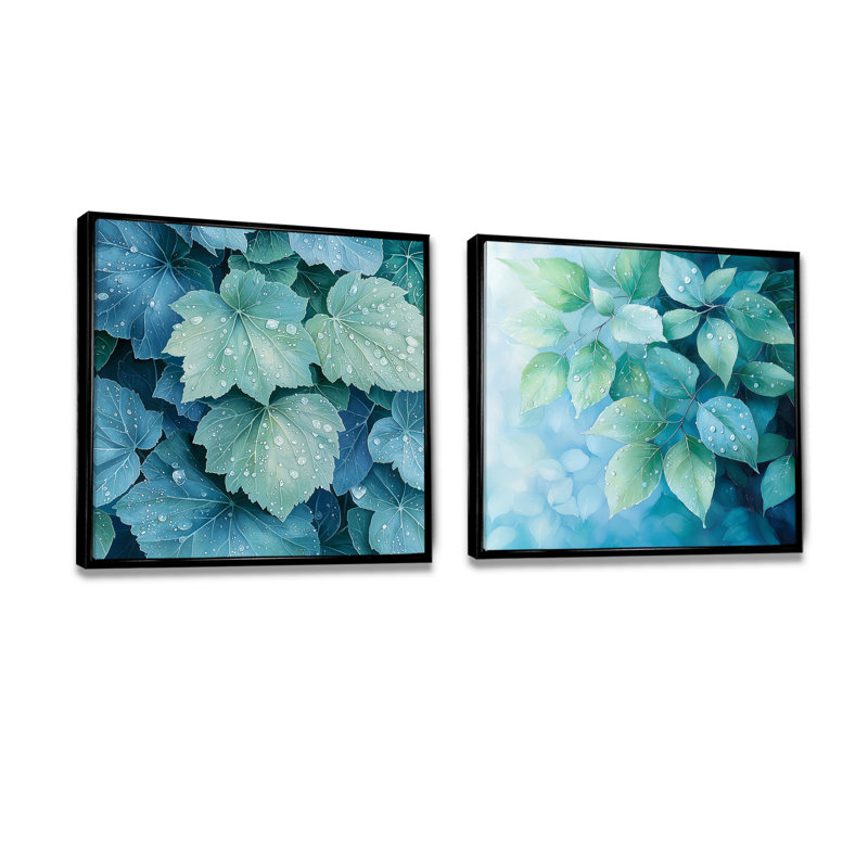 «Morning Dewy Leaves I» - art mural feuilles - ensemble de 2 décorations murales traditionnelles, H 36 po x l 73 po, Noir